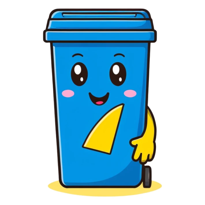 cartoon blue bin with a happy face, waving and saying hi sticker