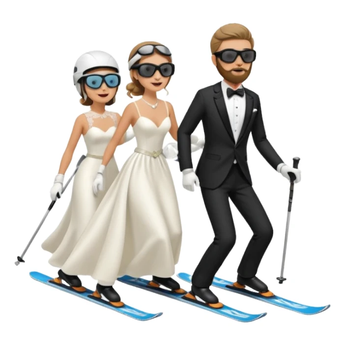 a couple skiing they both have ski helmets and goggles on , man with a beard in a tux and woman in a wedding dress on their skiis going down a slope.  sticker