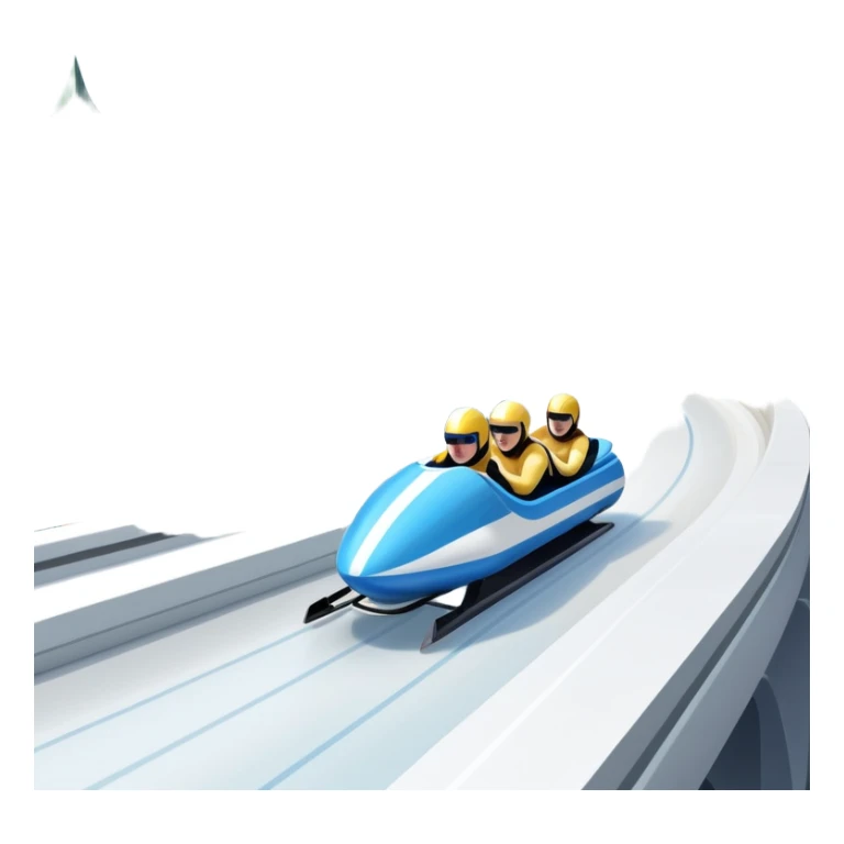 An icon featuring a sleek bobsled with athletes racing down an icy track at high speed, helmets on and bodies aligned for aerodynamics. The scene is set in a stunning snowy mountain valley with pine trees, spectators, and crisp blue sky. Transparent background captures the thrill of bobsleigh. sticker