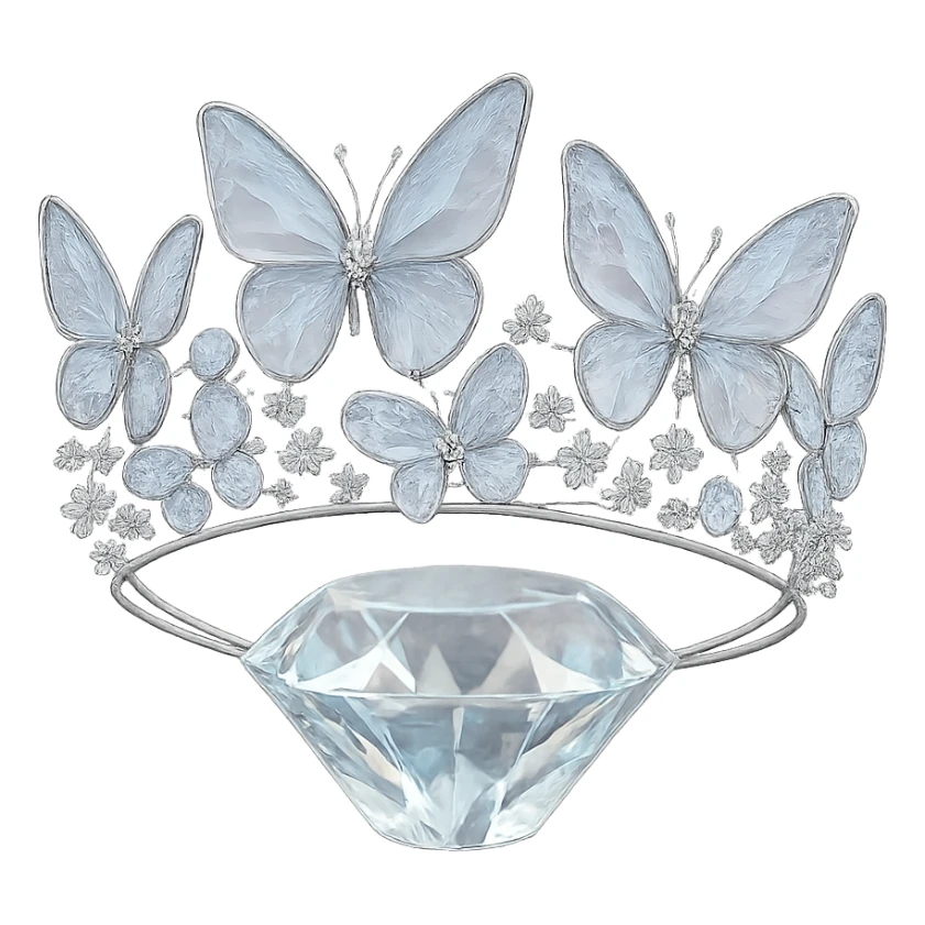 butterfly crown with a crystal base, butterflies in translucent enamel, sparkling gems, transparent background sticker