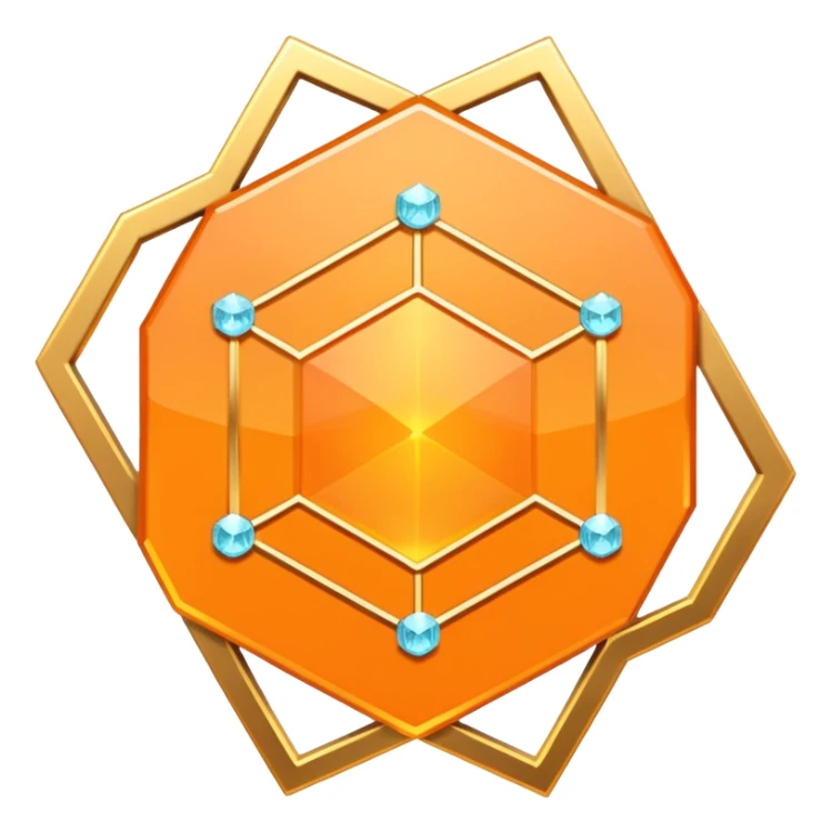 Futuristic reward points icon, diamond or hexagon shape, circuit board lines, Bloomberg terminal aesthetic, gold orange phosphor glow on dark background, minimalist geometric, no text, fintech style, clean edges, professional icon design sticker