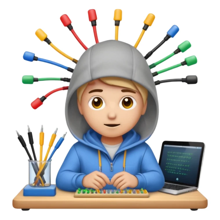 An emoji of an engineer working on a complex breadboard with many colorful wires and components. A Wi-Fi signal icon pulses above their head. They wear a hoodie and have a focused expression. Simple, cute, icon style. sticker