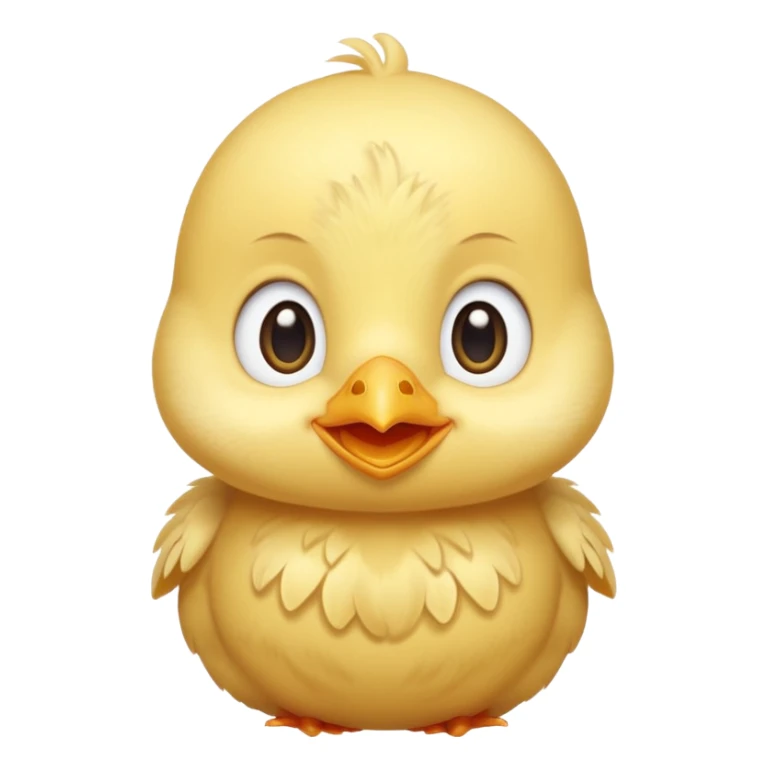 Cute baby chick named Lex, smiling with big shiny eyes, soft yellow feathers, round head, very adorable emoji style sticker