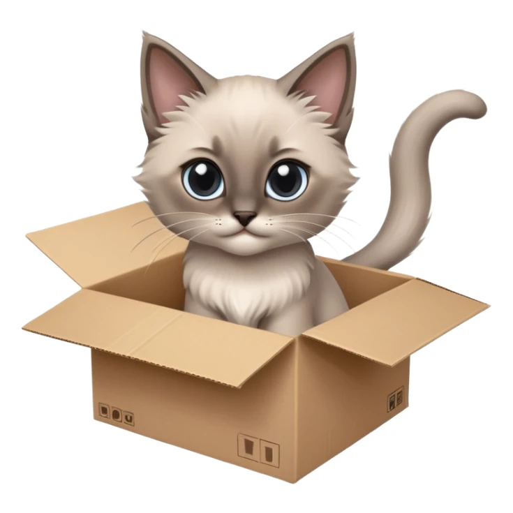  A very cute gery young kitten long hair Siamese Cat cat with one's head tilted to one side poked its paws out of the cardboard big box and placed them on top of it sticker