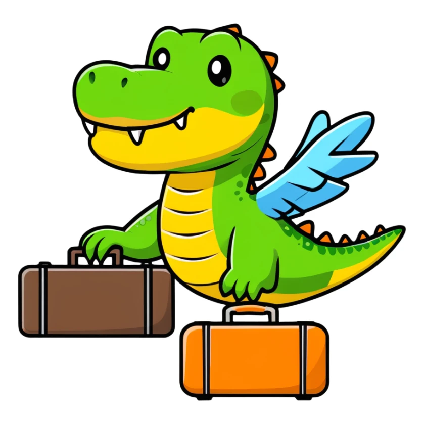 Crocodile traveling with suitcase and airplane sticker