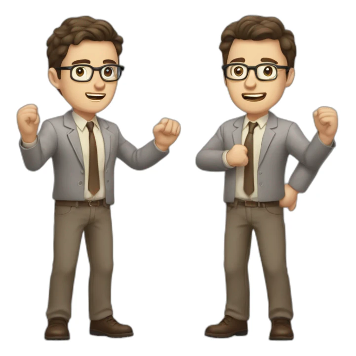 To belt Actively gesturing with hands Pale skinned fit man with dark brown hair in gray jacket, beige office shirt, brown tie, brown pants and vintage glasses. sticker