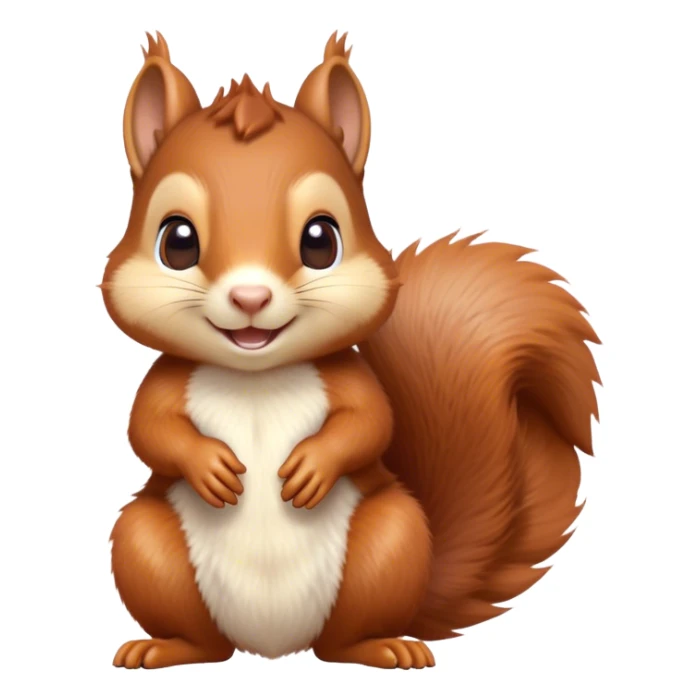 Cinematic Cute Squirrel Portrait Emoji, Head tilted playfully and inquisitively, featuring a fluffy, vibrant auburn Fur with a delicate cream belly and a bushy tail, round, sparkling eyes filled with curious mischief, Simplified yet irresistibly adorable features, highly detailed, glowing with a warm, friendly glow, high shine, affectionate and lively, stylized with a touch of woodland whimsy, bright and endearing, soft glowing outline, capturing the essence of a mischievous yet loving squirrel, so playful it feels like it could leap out of the screen and into your arms! sticker