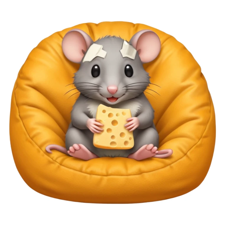 rat sitting in bean bag chair while eating cheese sticker