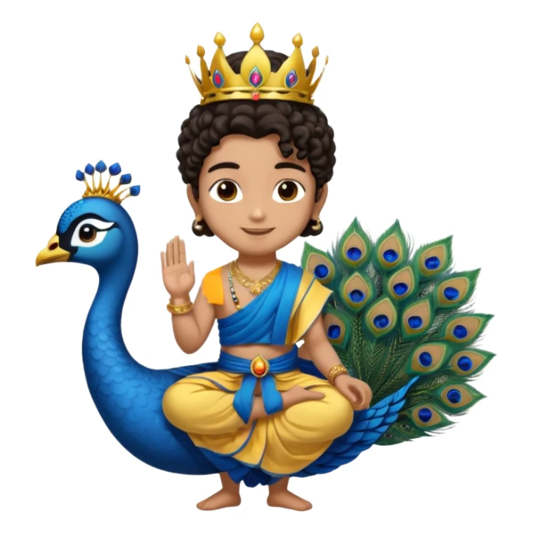 Create a Jesus, Krishna, and Buddha standing together. Krishna: bright blue skin, black curly hair tied in a small topknot, a tiny golden crown decorated with a peacock feather, wearing a yellow dhoti and light golden jewelry

 sticker