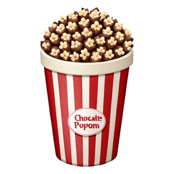 Chocolate popcorn in a paper jar with red and white vertical lineso sticker