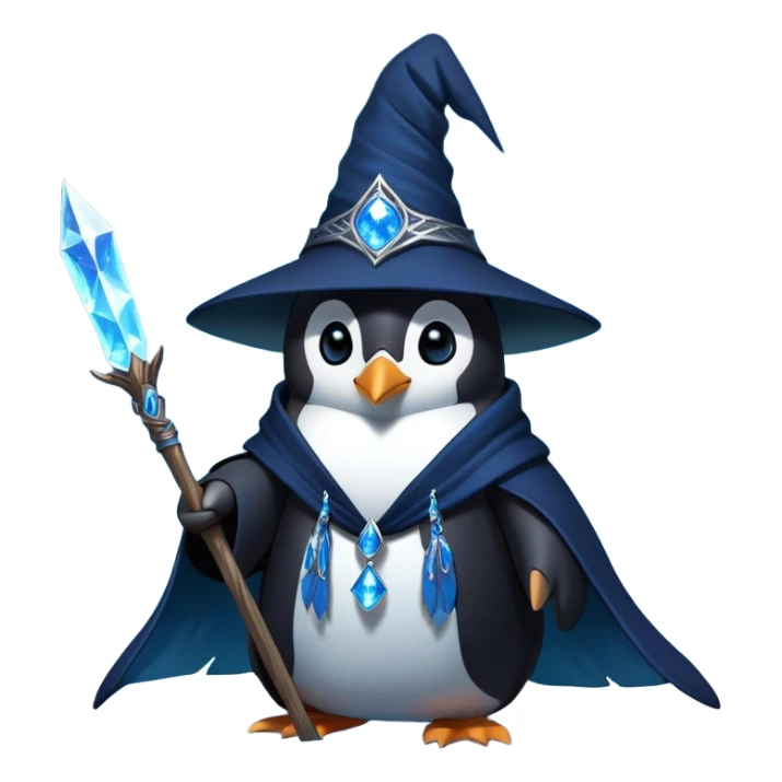 A mysterious penguin mage with sleek midnight-blue feathers, wearing a flowing black robe adorned with silver runes. A tall, pointed wizard hat sits slightly tilted on his head, the brim casting a shadow over his glowing icy-blue eyes. His flipper clutches an ancient wooden staff topped with a swirling crystal, radiating a soft, cold light. Snowflakes drift around him as he stands on a frozen cliff, his aura crackling with arcane energy, ready to summon a blizzard with a flick of his staff. sticker