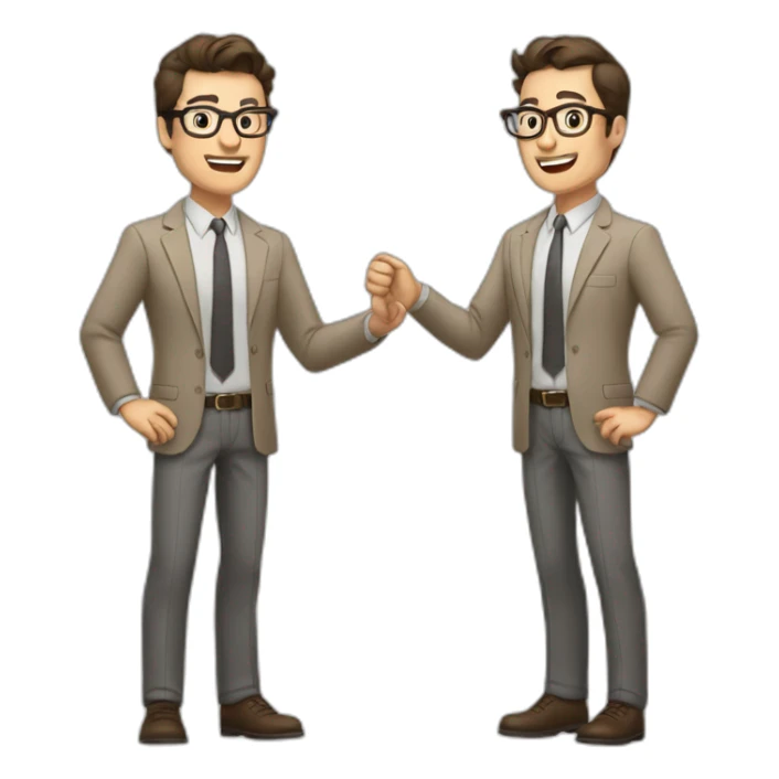 To belt Actively gesturing with hands Pale skinned fit man with dark brown hair in gray jacket, beige office shirt, brown tie, brown pants and vintage glasses. sticker