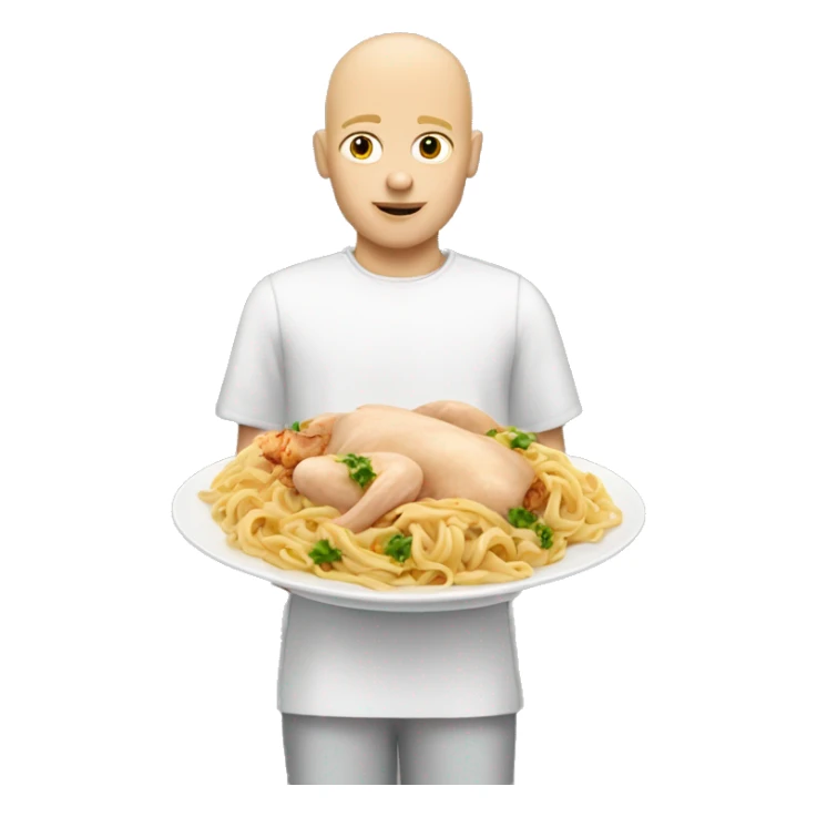 Half bald blonde boy with a dish of pasta and chicken sticker