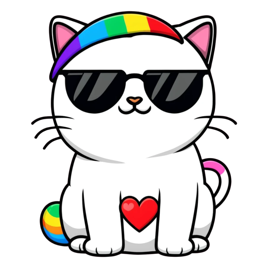grumpy cat wearing a rainbow beanie and heart-shaped sunglasses sticker