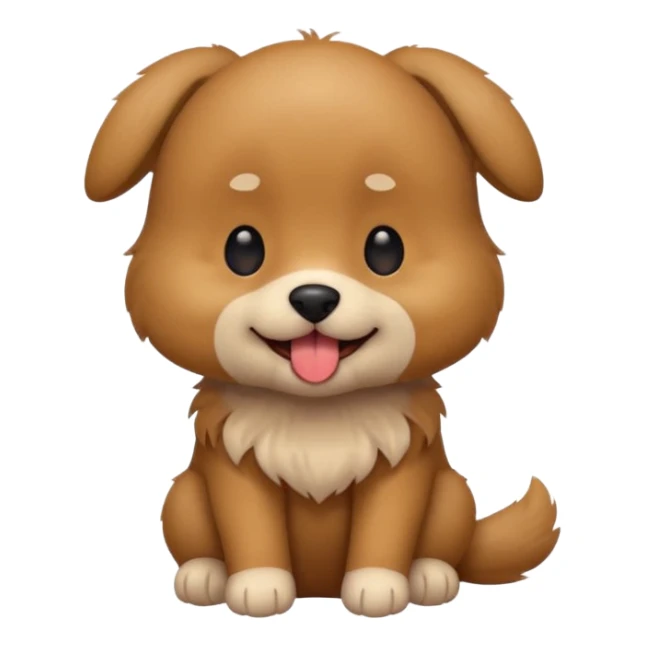 Cute small brown fluffy dog emoji icon. Round face, short muzzle, light brown fur with slightly darker ears, small black nose, happy smiling expression with tongue out. Soft friendly eyes, sitting pose with front paws together. Simple clean vector style, minimal details, kawaii style. sticker