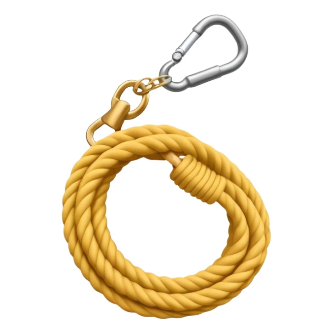 A 3D cartoon coiled climbing rope with a carabiner, golden color, resting on a rocky surface, realistic soft shadows, Memoji-style rendering. sticker