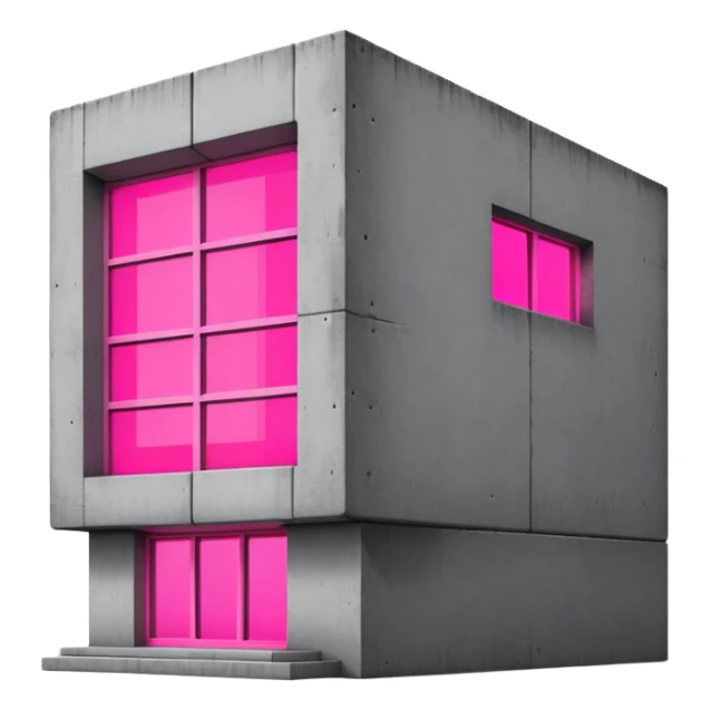 brutalist gray concrete block building with one neon pink window sticker