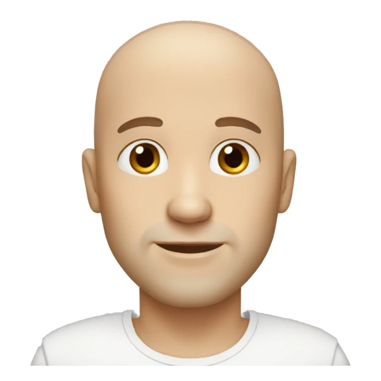 white bald man with brown eyes and a stubble sticker