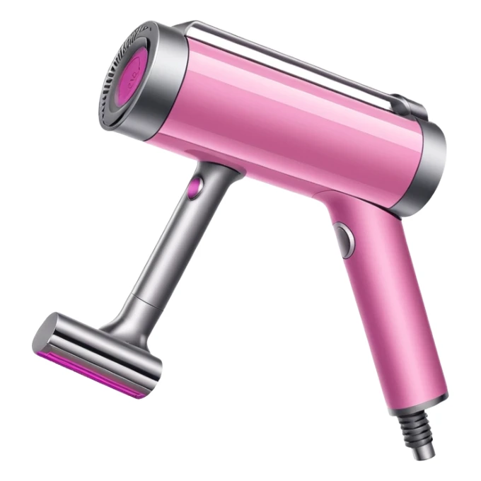 pink Dyson air wrap side angle, realistic style, sleek modern design, glossy pink finish with metallic silver accents on the nozzle ring. Compact proportions , clean lines, slight shading.  sticker