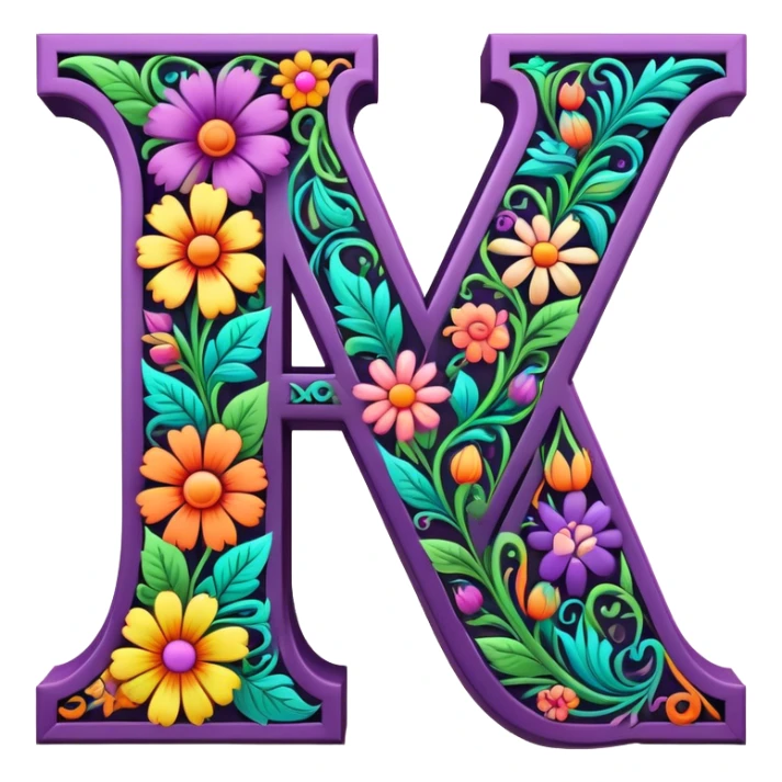 3D, gothic style psychedelic colored capital Letter N with hippie style flower border sticker