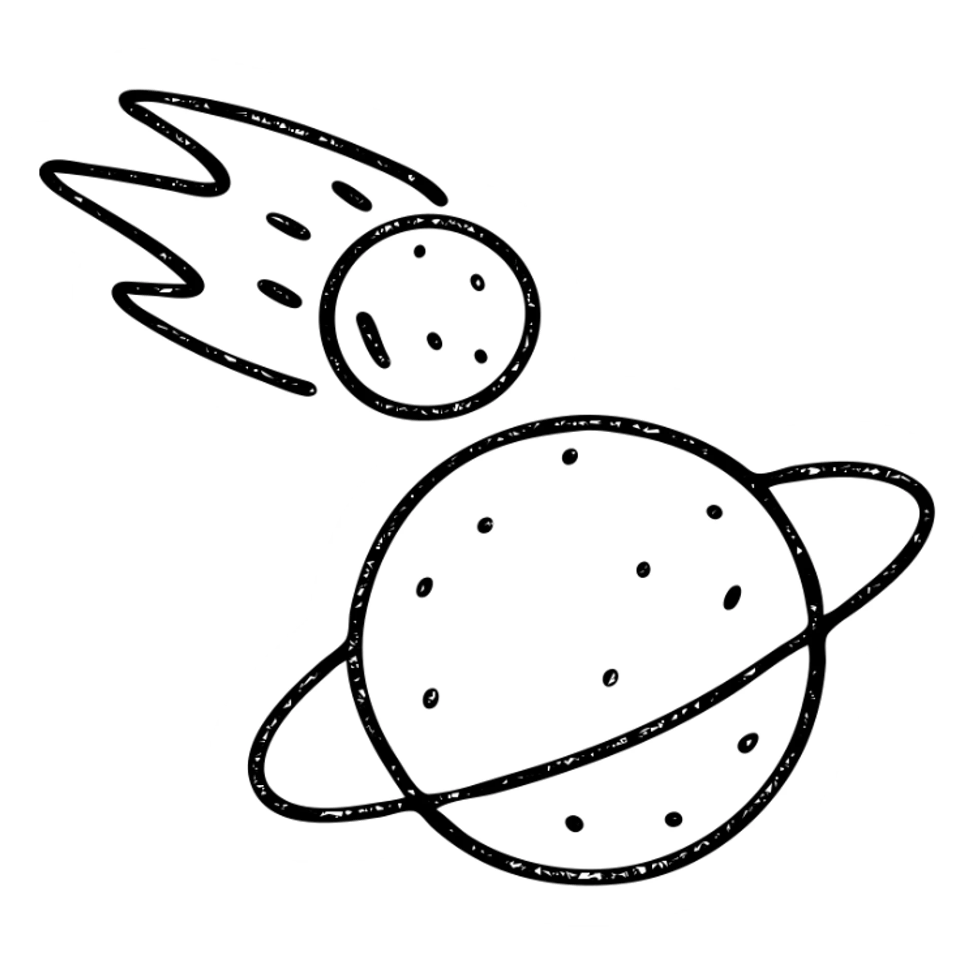 minimalist hand-drawn outlined icon of a meteor and planet, worn distressed effect sticker