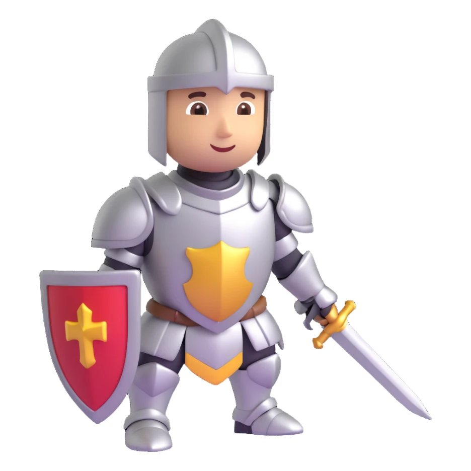 knight in shining armor, 3D emoji style, metallic shine, simple face sticker