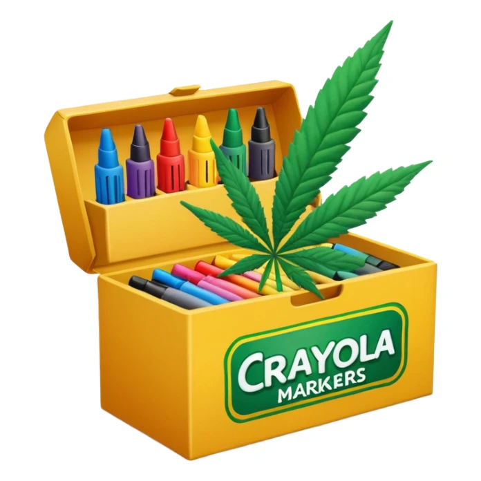 a box of crayola permanent markers with cannabis leaf sticker