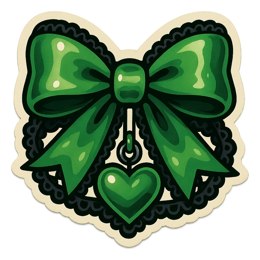 green gothic bow with black lace trim and heart charm, remove background sticker