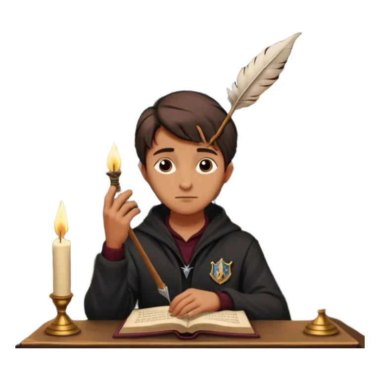 "Thinking face emoji 🤔 as a thoughtful wizard in Hogwarts library, scratching head with quill, surrounded by floating books and candles, detailed digital art in Harry Potter style, puzzled expression, magical atmosphere."
 sticker