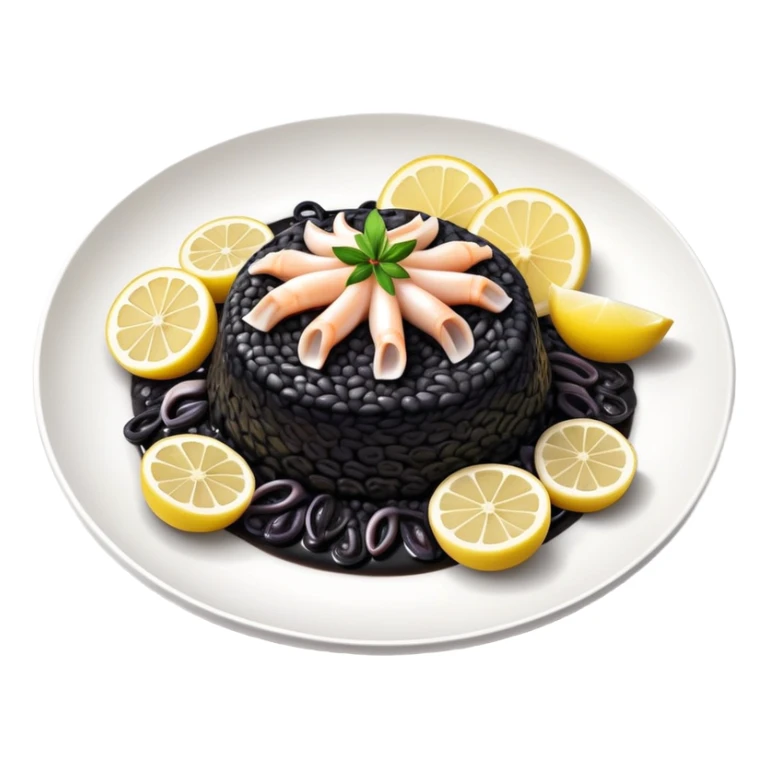 cinematic-realistic-black-risotto-dish,-showcasing-lagre squid pieces-rendered-with-bold-textures-and-dynamic,-dramatic-lighting in a white plate with a grilled lemon on top sticker