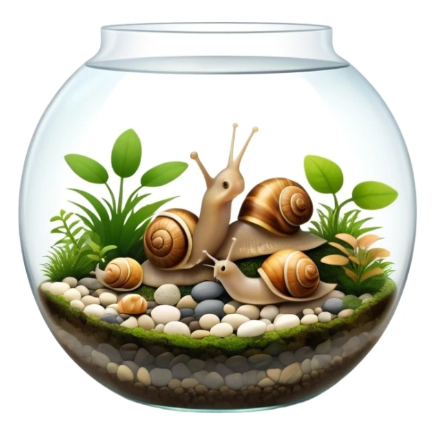 A collection of various snails and mollusks inside a small, lush terrarium with plants and moss. Some snails are crawling along the glass while others rest on pebbles. The scene is serene with soft lighting, showcasing the natural beauty of the mollusks. Transparent background. sticker