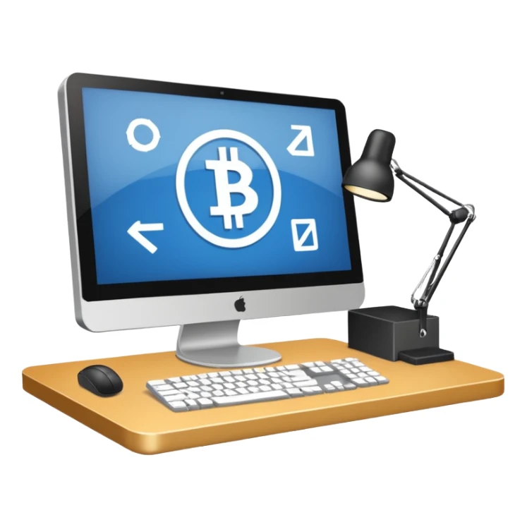 Mach mir einen schreibtisch mit einem bildschirm drauf wo mann einen Crypto chart sieht sticker