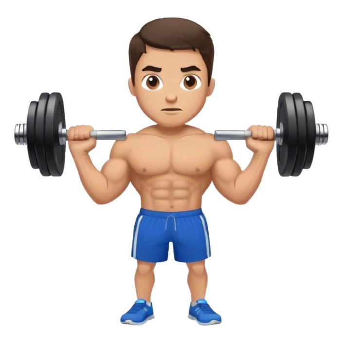 brunette buff man with blue shorts dumbbell-shrugs sticker