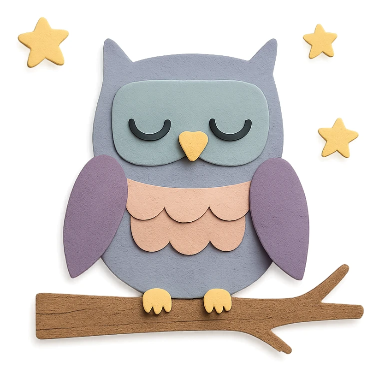 sleepy owl on a tree branch with stars, muted night palette, soft pastel colors, transparent background, paper craft style sticker