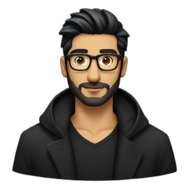 North Indian long faced white skinned male with glasses and black hair combed in front a bit and a patchy beard with patchy moustache showing up like zayn wearing a black tee black overcoat sticker