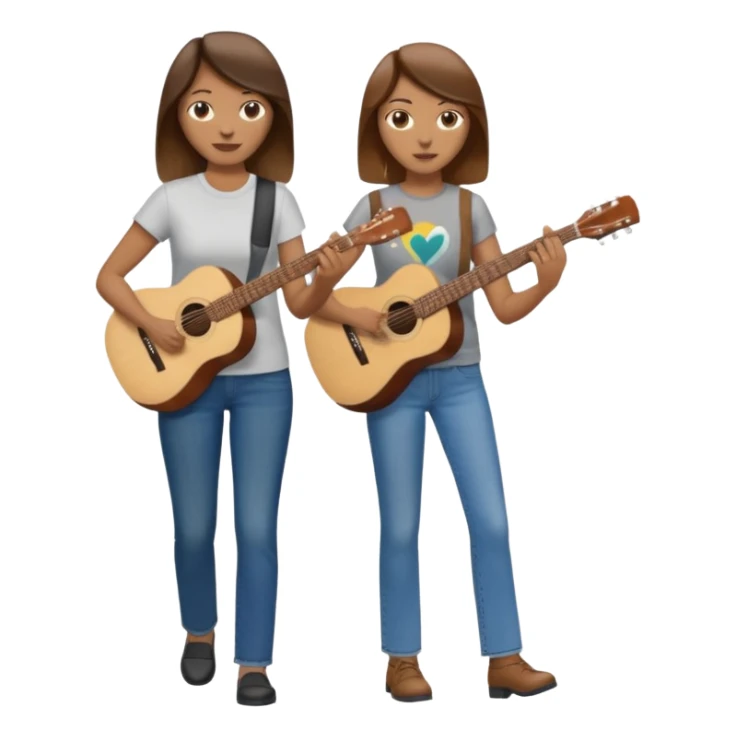 based on emoji style, like this "💁🏻‍♀️" "💁🏽‍♂️" "💁🏻", two people walking together, one is brown-haired woman, wearing business casual, holding a guitar; another one is a non-binary person, wearing t shirt and jeans, and this person doesn't have anything on their hands. they are walking together. sticker
