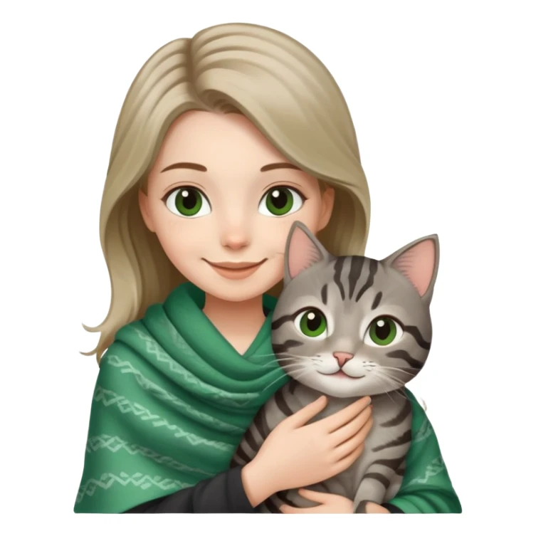 White girl wearing cute green shawl holding a black grey tabby cat while smiling sticker