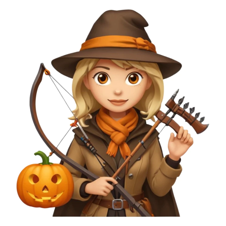 female human monster hunter emoji, wearing brown coat and hat, holding crossbow, soft smile, scarf, glowing pumpkin by her side, Halloween fantasy style, clean vector Apple emoji look, bright colors, white background, square sticker