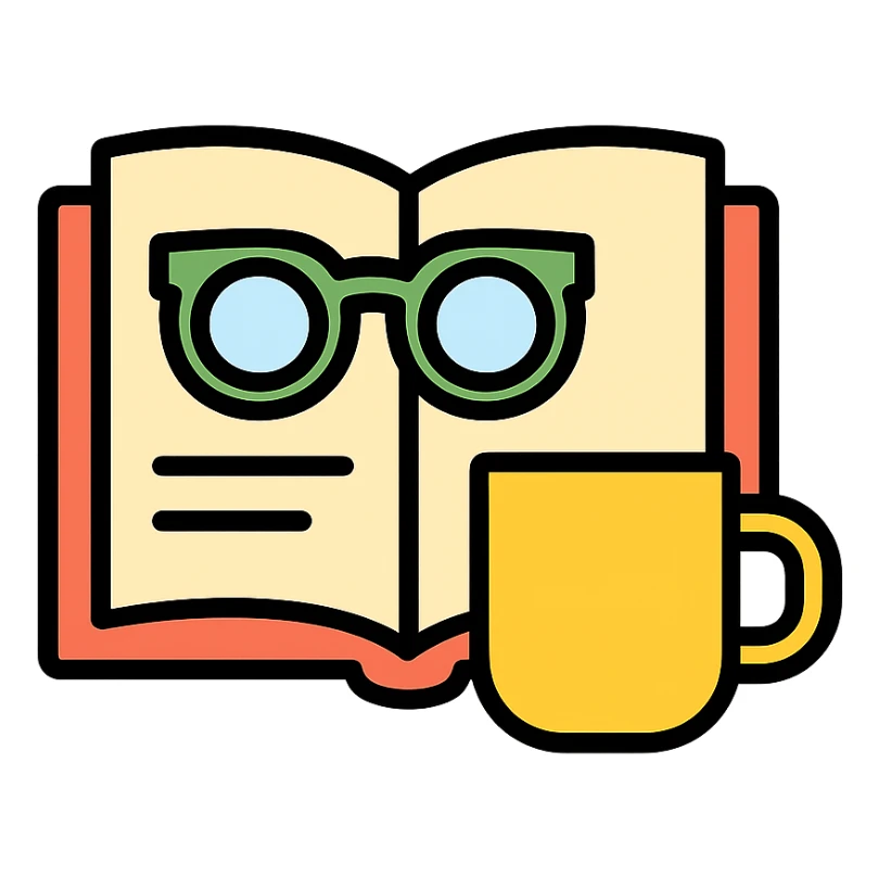 open book with glasses and a cup of coffee, representing studying icon sticker