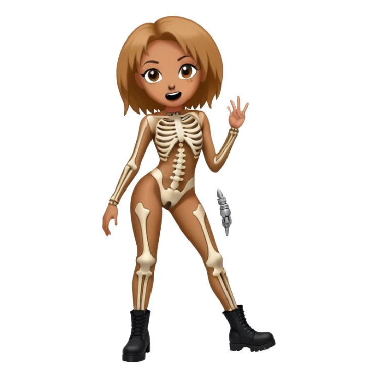 Melanie Brown wearing a tight skeleton bodysuit and black combat boots, showing her tongue ring sticker