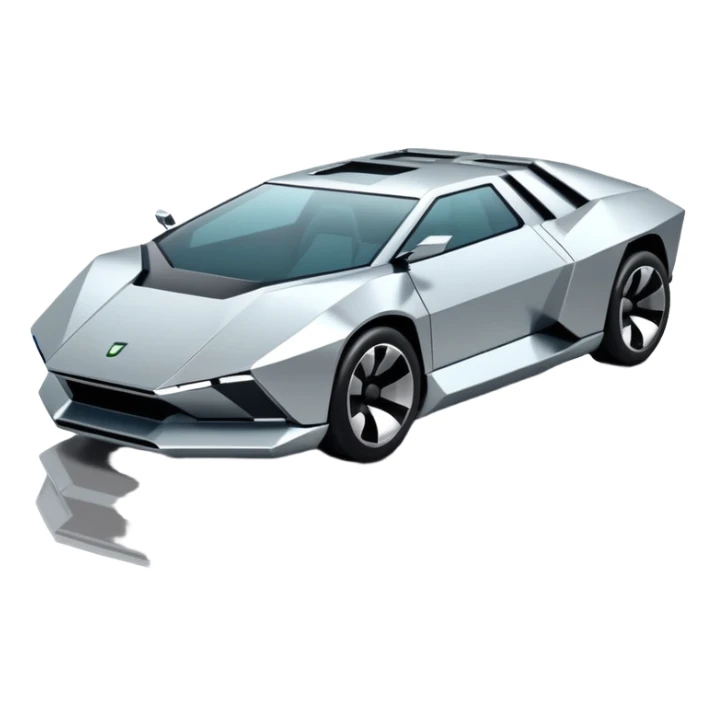 A futuristic chrome car emoji, sharp geometric body design inspired by cybertruck aesthetics, smooth silver metallic surface, matte and glossy chrome mix, minimal details, soft reflections, clean edges, iOS emoji style, centered, clean white background, soft studio lighting, no text sticker