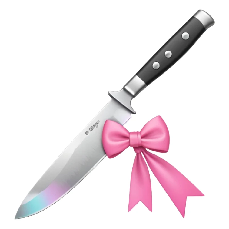 Kitchen knife with a pink bow tied around the handle, emoji style, simple, flat vector, white background, only one object sticker