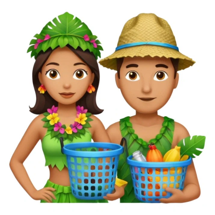Hawaiian woman man with leaf hat and big trash net and colorful cloth sticker