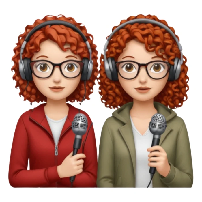 two girls. both white. one with curly red hair and glasses. one with curly brown hair without glasses. there are headphones and microphones for doing a podcast sticker