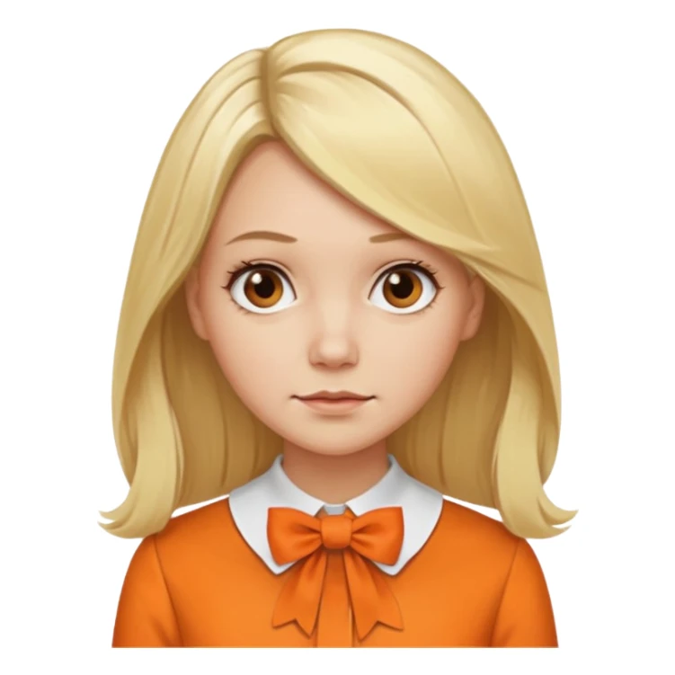 long blond hair not smiling woman with orange blouse bow collar sticker