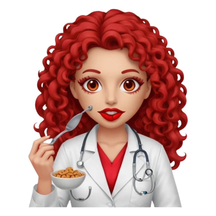 Sensual Spanish Lilith core evil surgeon.red outfit.  Surgeon has red eyes. Her hair is brown long and  curly. wearing a sexy surgeon outfit with platform heels.she is a calculated smart cereal killer. She covers only her mouth and nose to hide identity  sticker