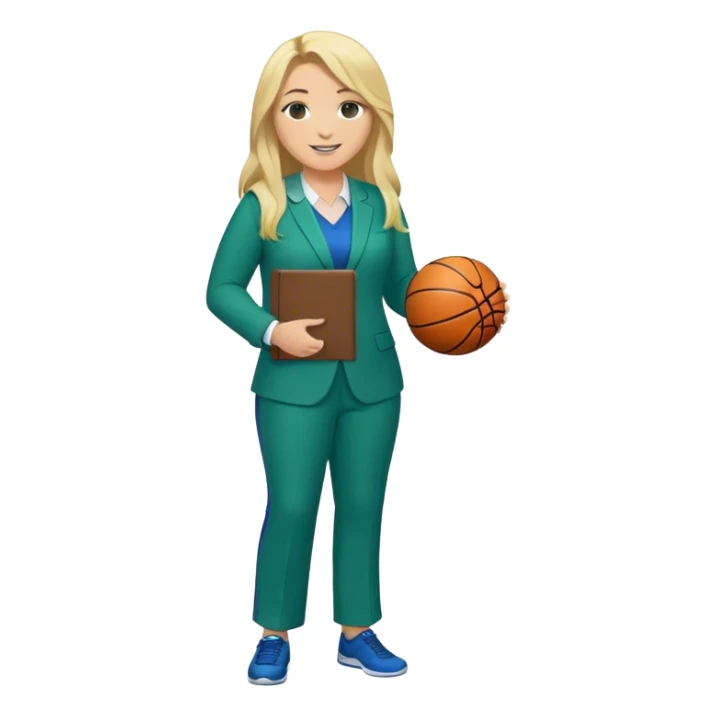 Full Body white plus size female basketball head coach using a clipboard with long blonde hair in a blue and green suit smiling with basketball and clipboard sticker
