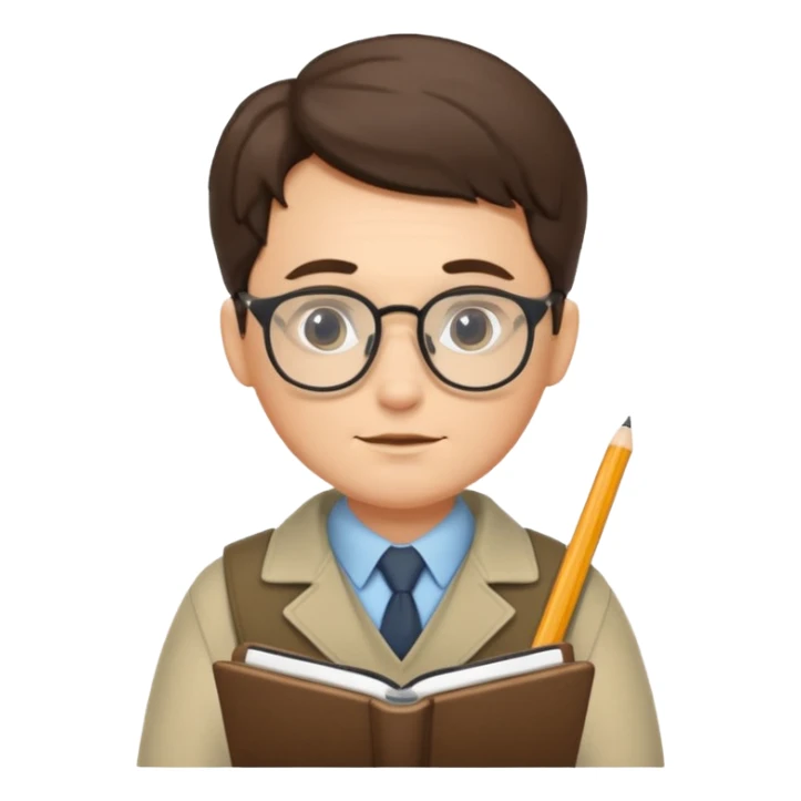 A scholarly explorer with notepad, glasses, and calm analytical demo.
 sticker