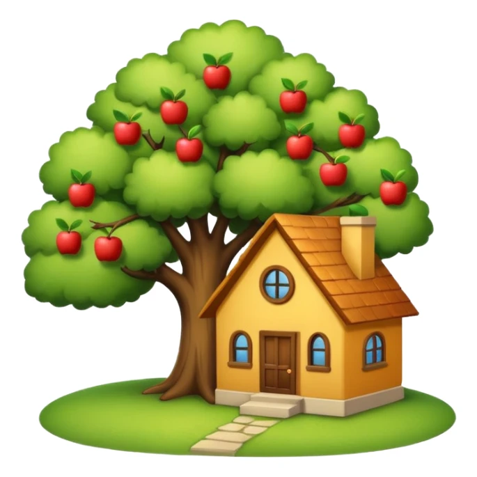 a cozy house and a tree, simple and clear, apple style emoji sticker