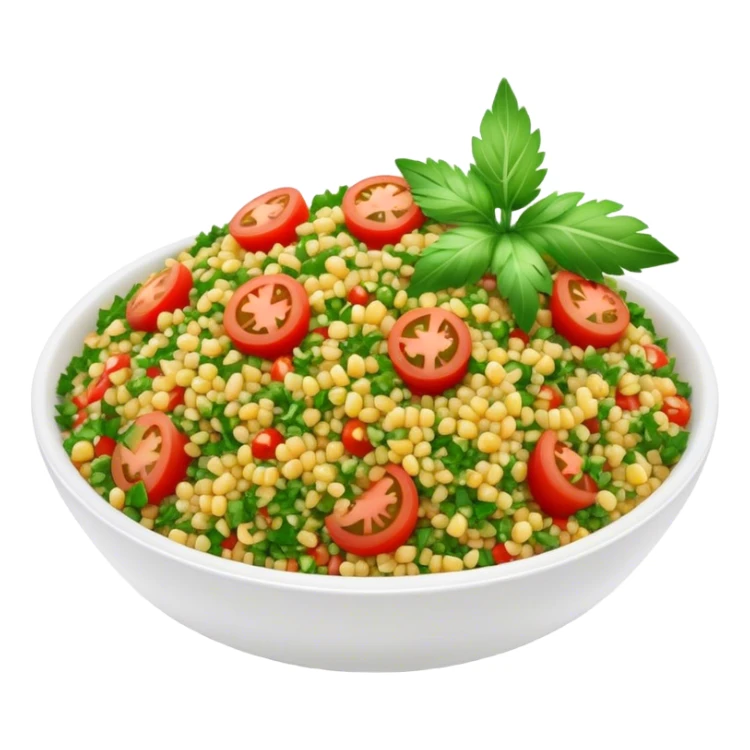 Cinematic Realistic Tabbouleh Salad Dish Emoji, showcasing a fresh herbaceous salad with bulgur, tomatoes, and parsley rendered with crisp textures and natural, vibrant lighting. sticker